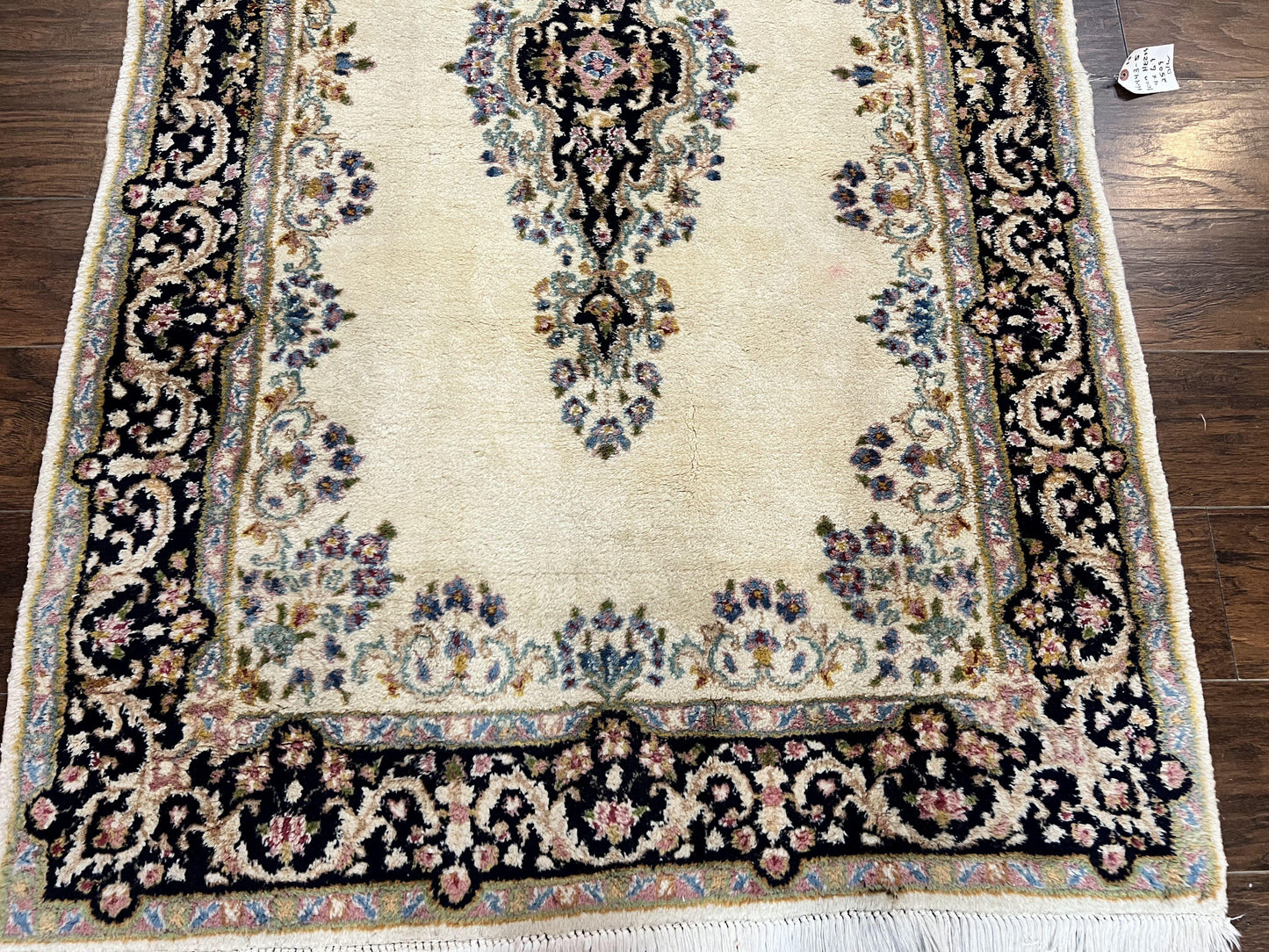 Persian Kirman Rug 4x7 Hand Knotted Wool Antique Carpet Beige Medallion Design