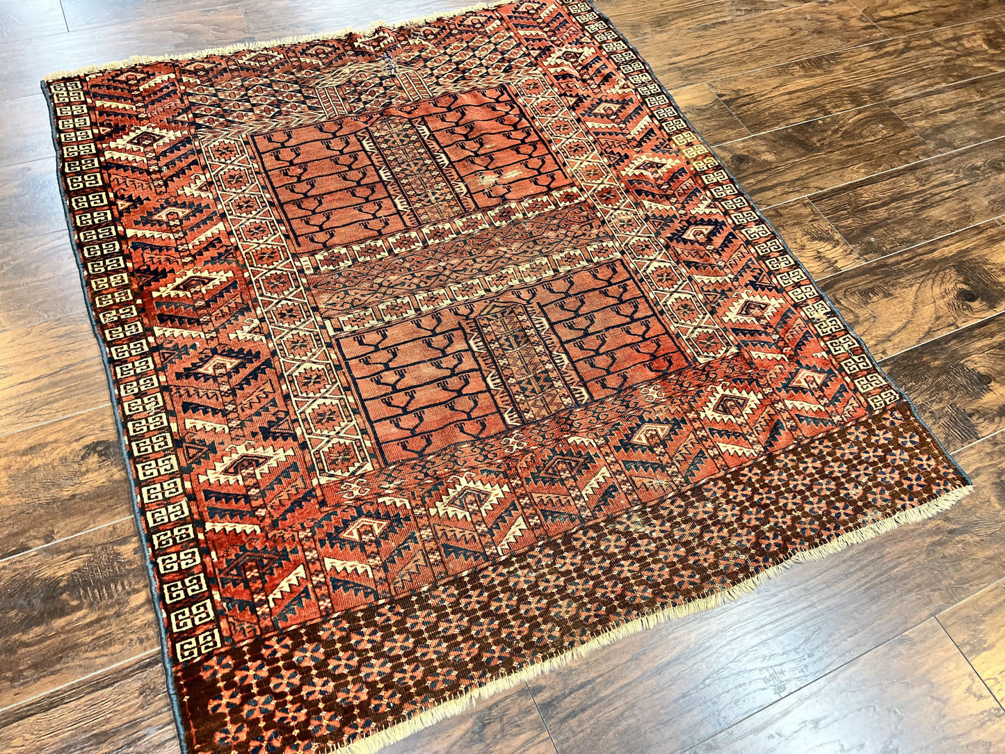 Turkoman Rug Antique Hatchli Wool Handmade 4x4 Four Season Yamud Design Red Bohemian Engsi Tekkeh