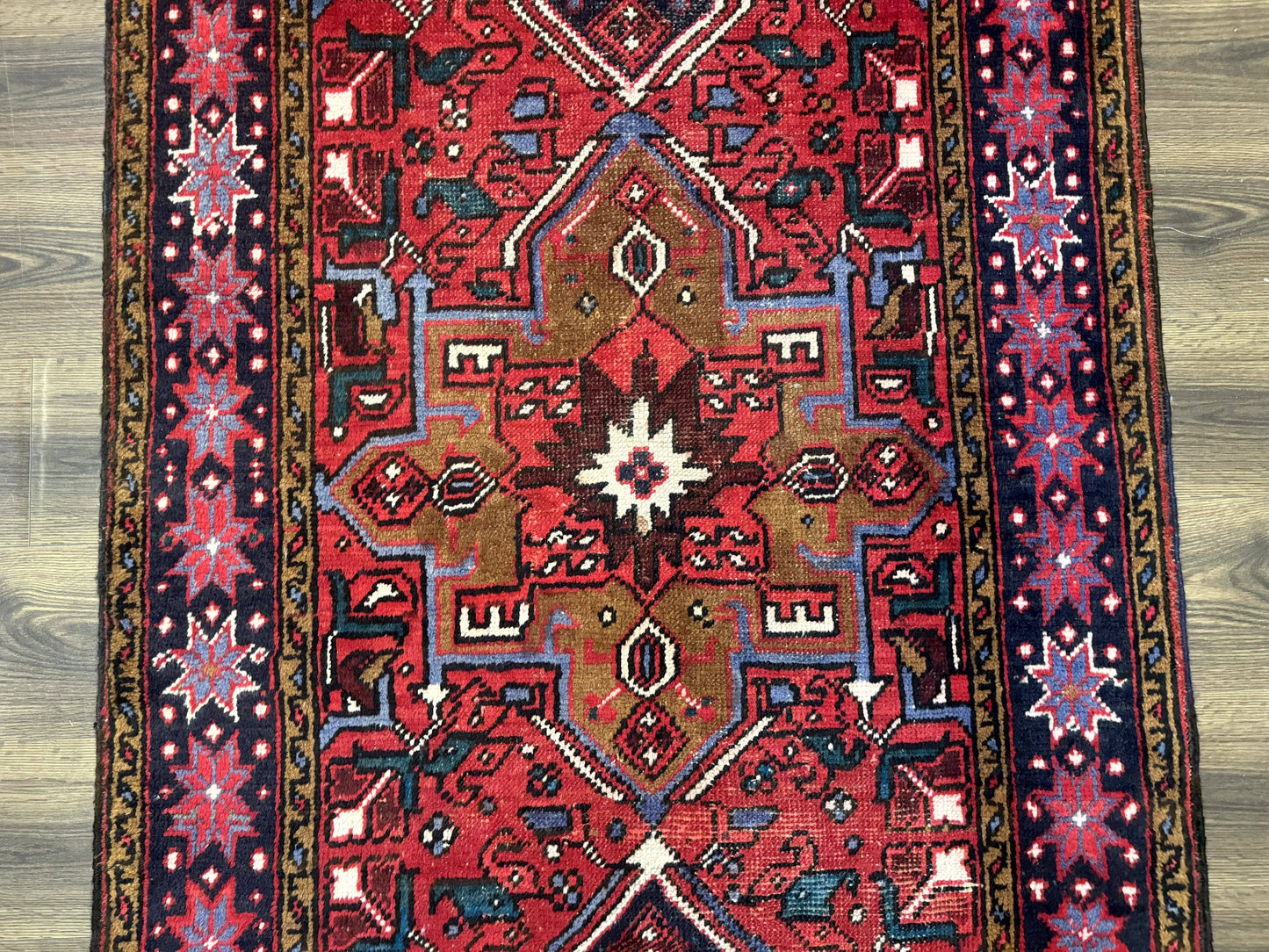 Persian Heriz Karajeh Runner Rug 3.7 x 12 ft Red Navy Geometric Medallions
