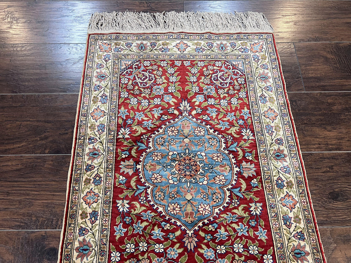 Silk Turkish Kayseri Rug 2x3 Hand Knotted Vintage Red Blue Carpet
