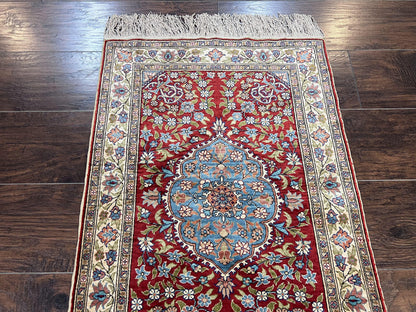 Silk Turkish Kayseri Rug 2x3 Hand Knotted Vintage Red Blue Carpet