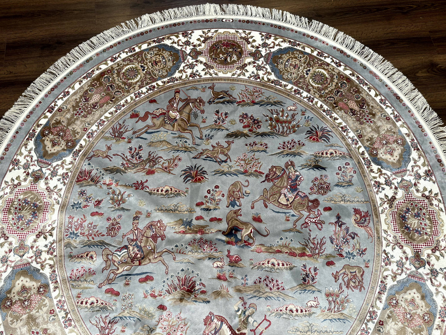 Round Silk Rug 6x6 Bamboo Silk Hunting Design With Animal Pictorials