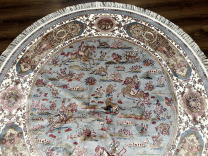 Round Silk Rug 6x6 Bamboo Silk Hunting Design With Animal Pictorials