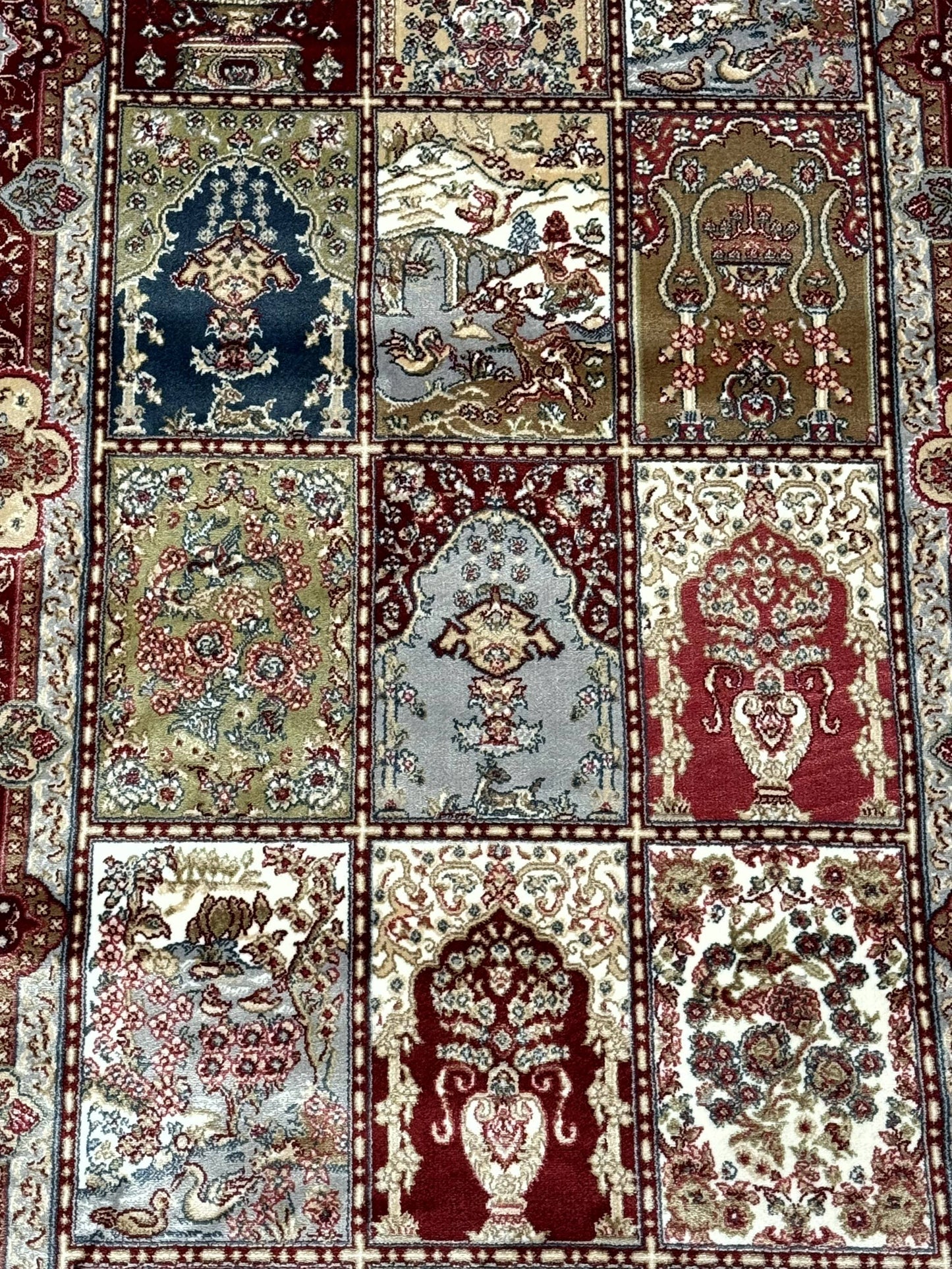 Turkish Silk Runner Rug 2.6 x 11.6 Ft Panel Design Dark Red Ivory Bamboo Silk