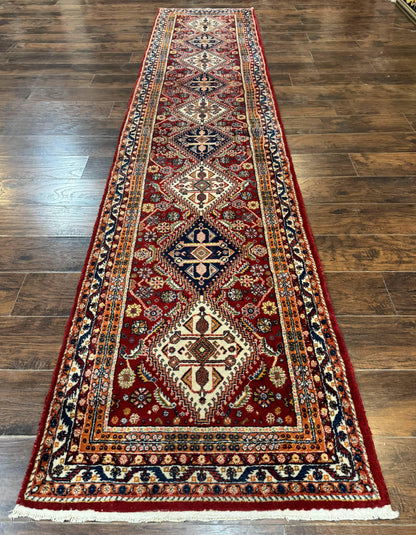Persian Qashqai Runner Rug 3x13 Wool Hand Knotted Red Ivory Blue Geometric Medallions