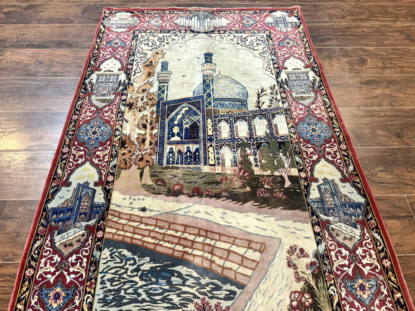 Persian Isfahan Pictorial Rug Hand Knotted 3.6x5.7 Wool Silk Highlights Signed By Masterweaver Handmade
