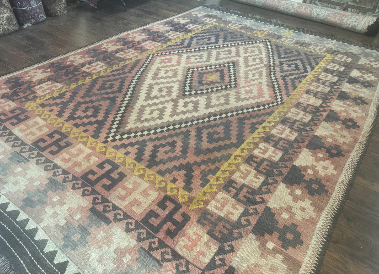 Antique Persian Kilim Rug 9x12 Zarand Handwoven Wool Zigzag Pattern In Earth Tones