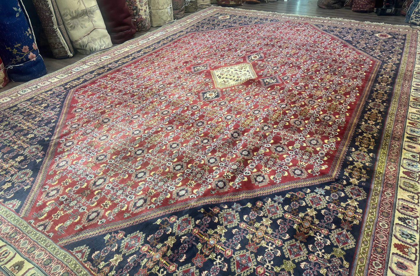 Persian Shiraz Rug 13x19 Oversized Herati Hex Medallion Brick Red Navy Beige