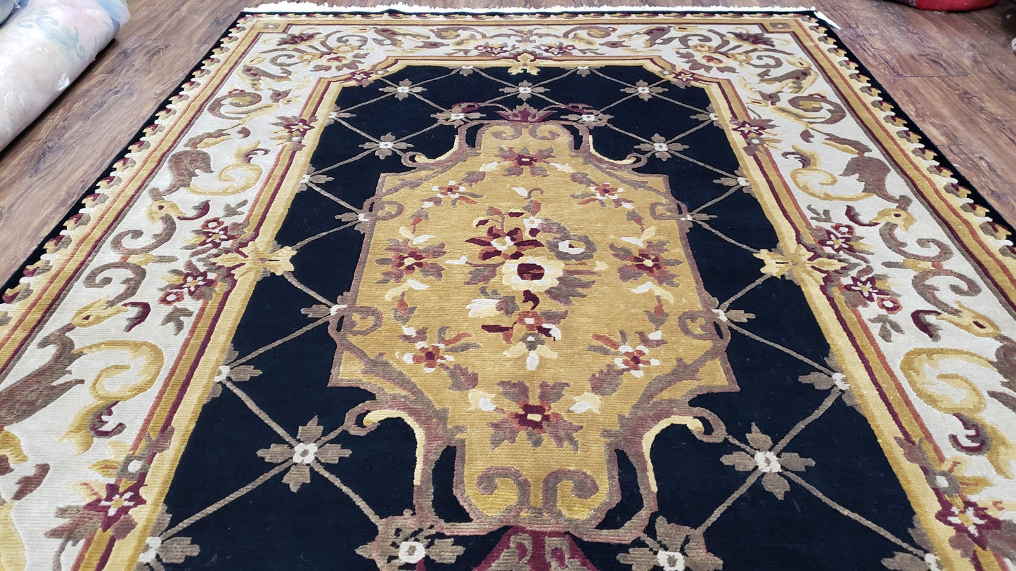 Aubusson Savonnerie Wool Rug 6x9 Hand Knotted Black Beige Nepalese Design