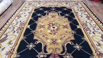 Aubusson Savonnerie Wool Rug 6x9 Hand Knotted Black Beige Nepalese Design