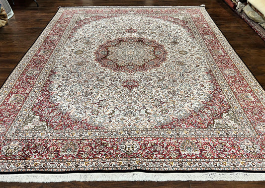 Silk Indian Kashmiri Rug 9 X 11 Ft Handmade Hand Knotted Indo Persian Vintage Ivory And Maroon