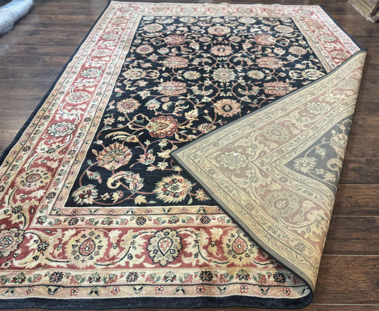 Vintage Oriental Rug 8x11 Floral Persian Design Turkish Power Loomed Rug Navy Blue Red Cream