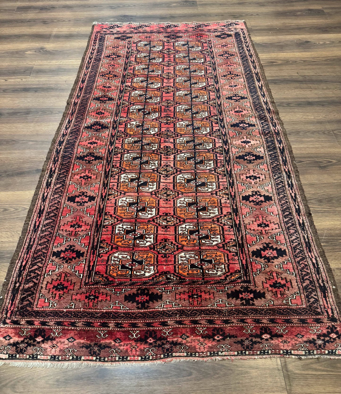 Antique Turkoman Rug Hand Knotted Wool Runner Red 3.7 By 6.7 Feet Home Decor