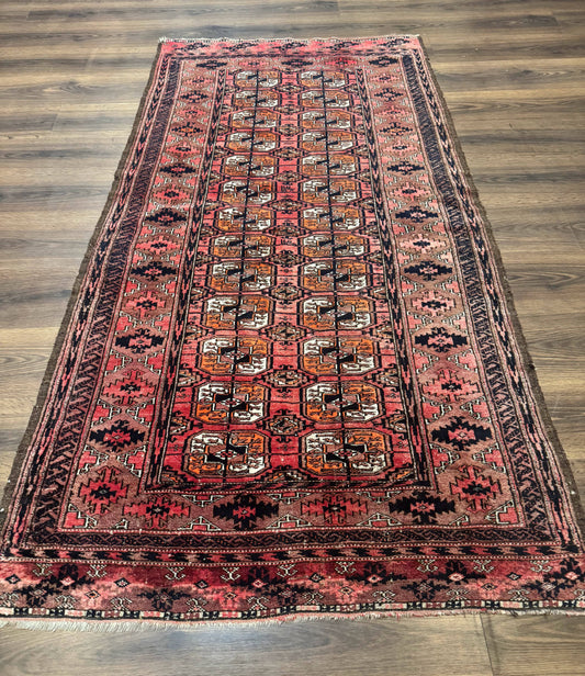 Antique Turkoman Rug Hand Knotted Wool Runner Red 3.7 By 6.7 Feet Home Decor