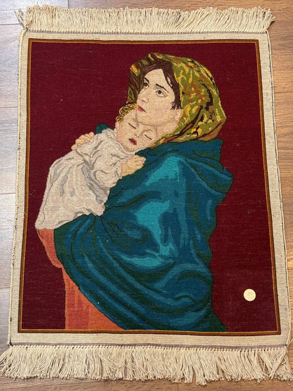 Persian Tabriz Pictorial Rug 2x2 Mother Holding Child Very Fine 340 KPSI Maroon