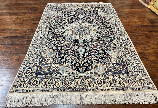 Persian Nain Rug Hand Knotted Wool Silk Highlights Vintage Navy Blue Ivory