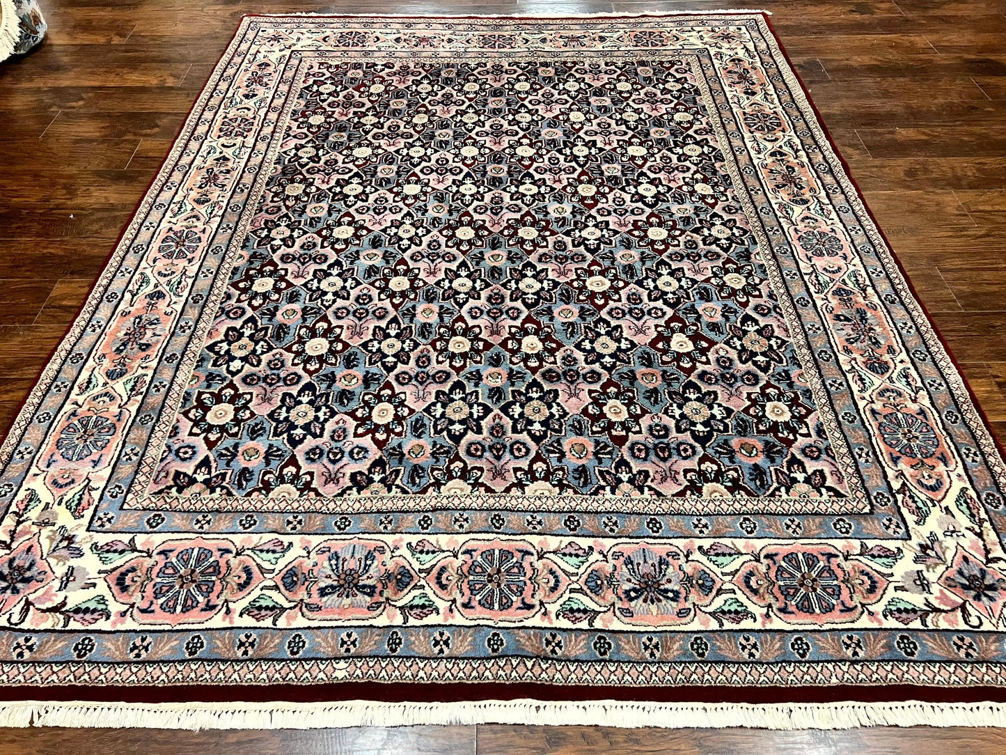 Indo Persian Rug 8x10 Handmade Vintage Wool Floral Allover Pattern Navy Ivory