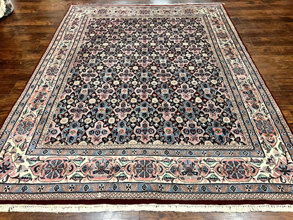 Indo Persian Rug 8x10 Handmade Vintage Wool Floral Allover Pattern Navy Ivory