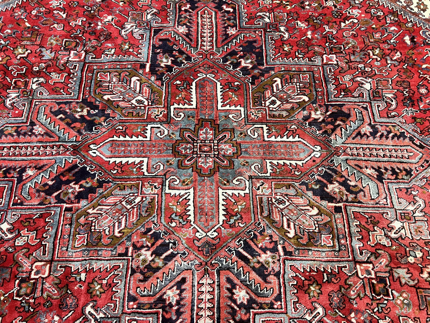 Persian Heriz Rug 10x13 Wool Hand Knotted Antique Carpet Red Ivory Geometric Tribal