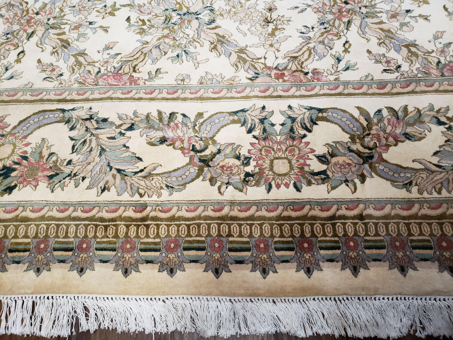 Pak Persian Floral Rug Hand Knotted Wool 11 x 12.6 Ivory Vintage