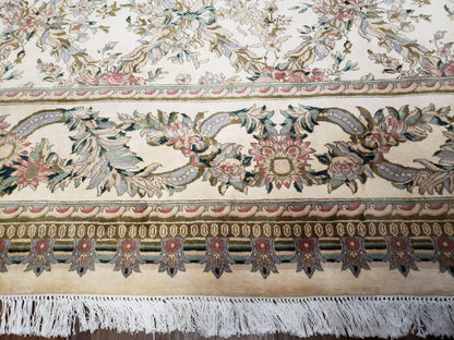 Pak Persian Floral Rug Hand Knotted Wool 11 x 12.6 Ivory Vintage