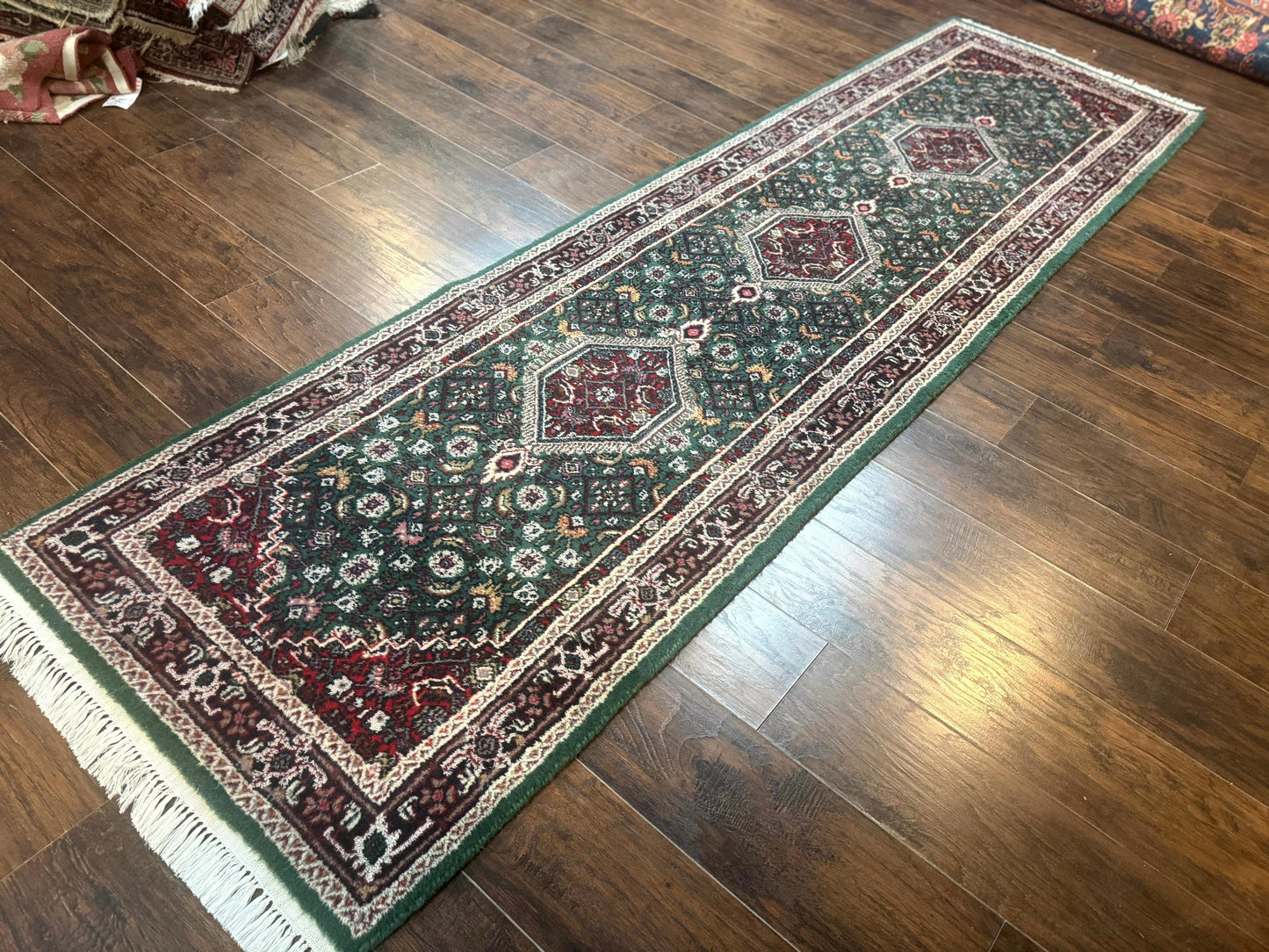 Indo Persian Bidjar Runner Rug 3x10 Green Red Hand Knotted Wool
