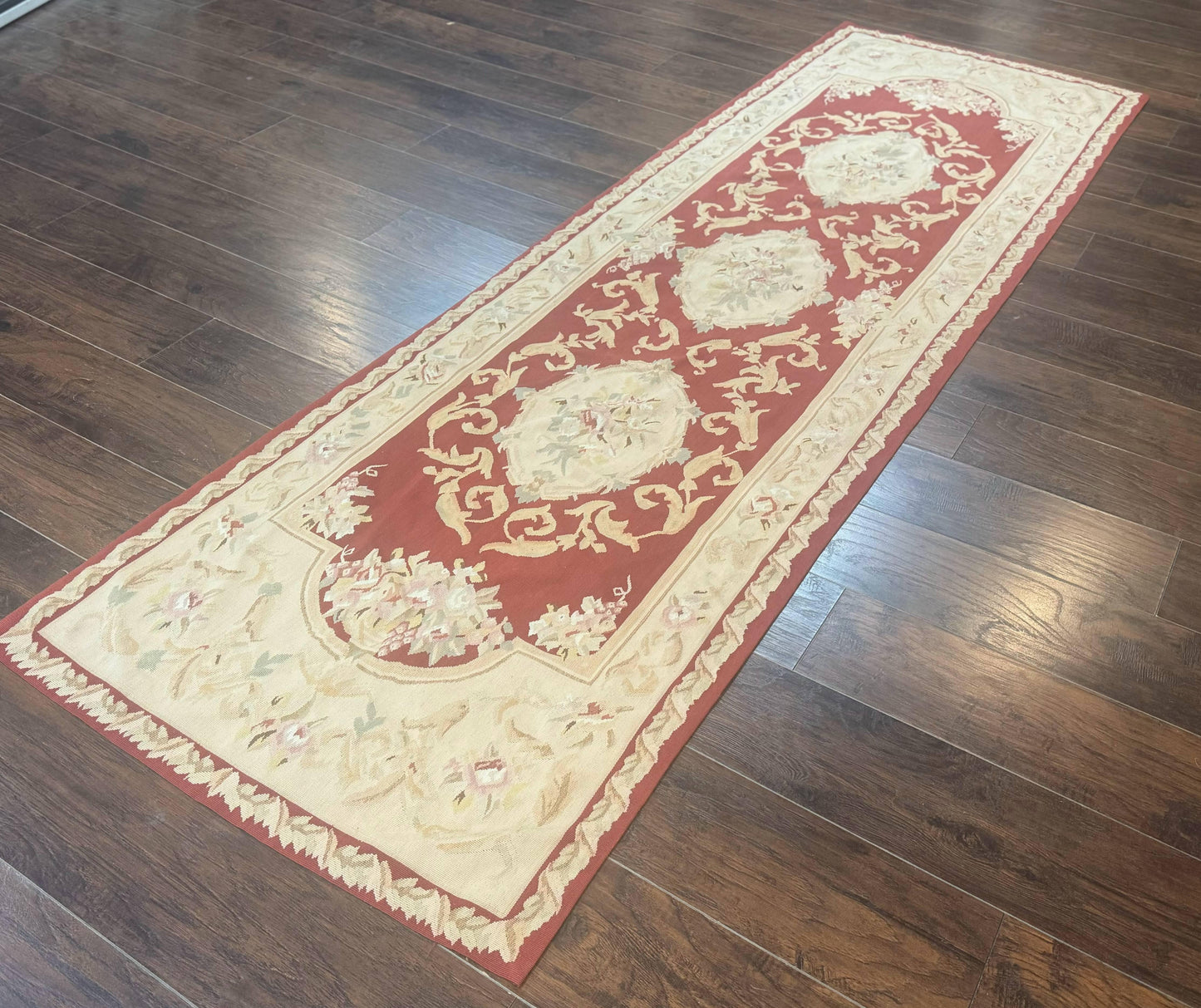 Aubusson Runner Rug 3x10 Handmade Wool European Design in Red and Beige