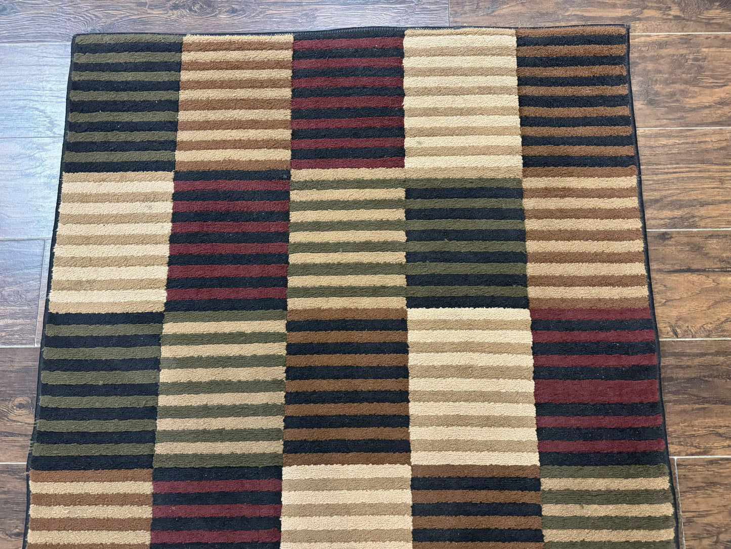 Vintage Power Loomed Wool Rug 3.6 X 5 Box Design In Brown Beige Black Tan