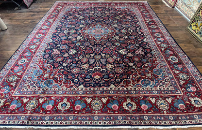 Navy Blue Persian Kashan Rug 9x12 Antique Carpet Wool 200 KPSI