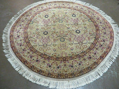 Handmade Indian Wool Rug 6ft Round Silk Accent Carpet With Rich Colors