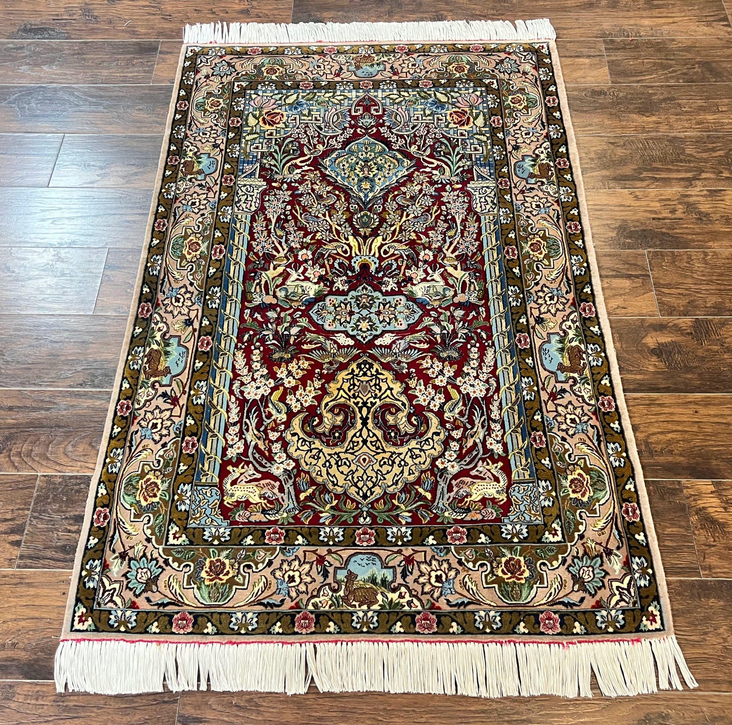 Persian Isfahan Rug Vintage Hand Knotted 3.7 by 5.6 Tree of Life Kork Wool Silk Highlights
