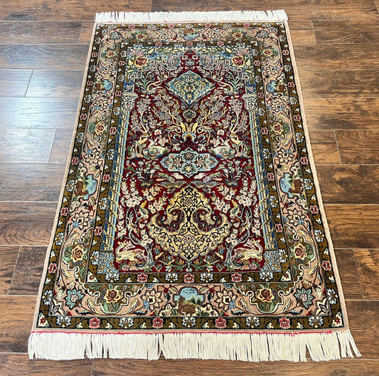 Persian Isfahan Rug Vintage Hand Knotted 3.7 by 5.6 Tree of Life Kork Wool Silk Highlights