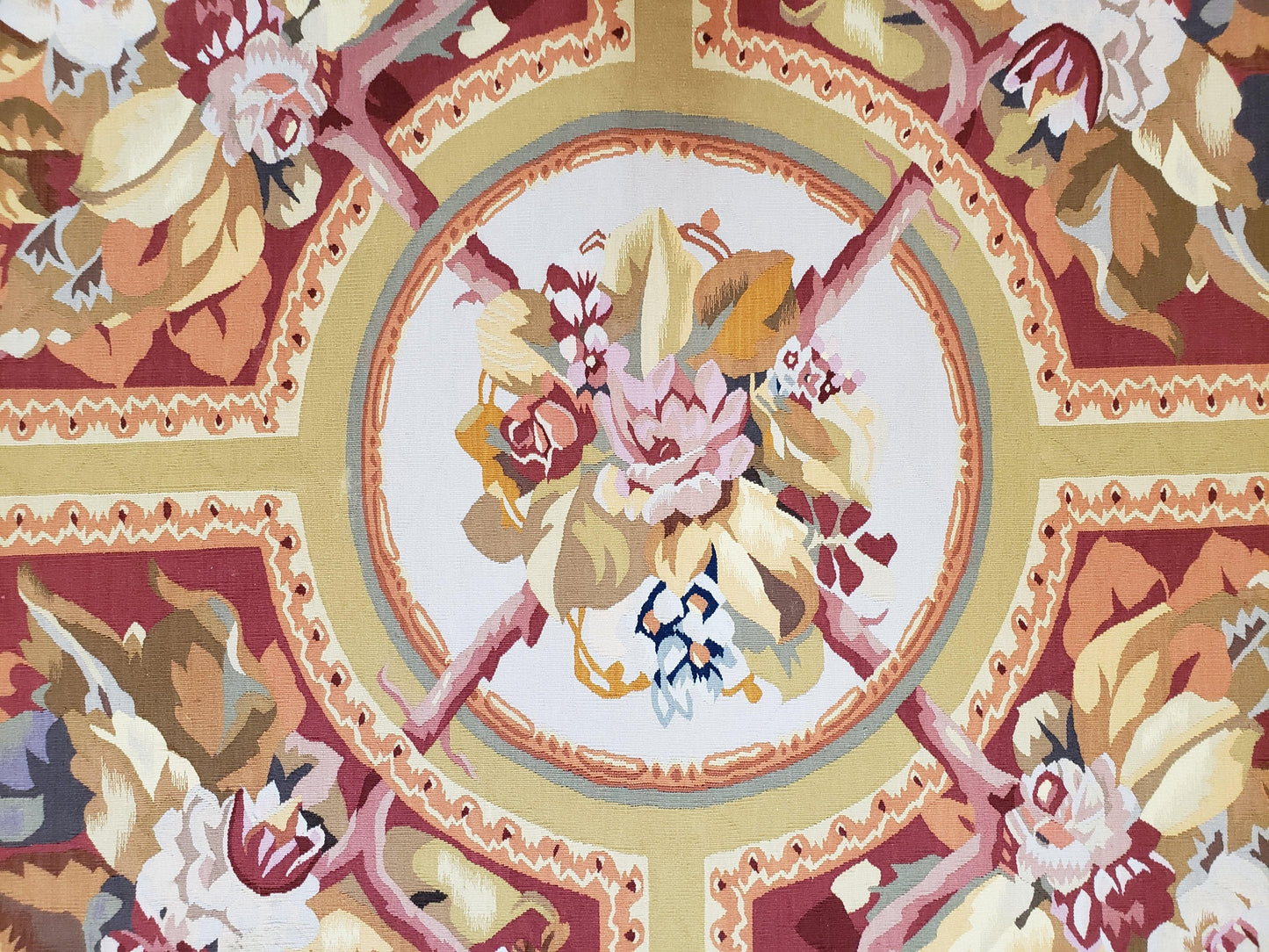 Vintage Handwoven Wool Aubusson Savonnerie Rug 9x14 Red Khaki Floral Design