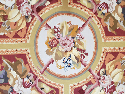 Vintage Handwoven Wool Aubusson Savonnerie Rug 9x14 Red Khaki Floral Design