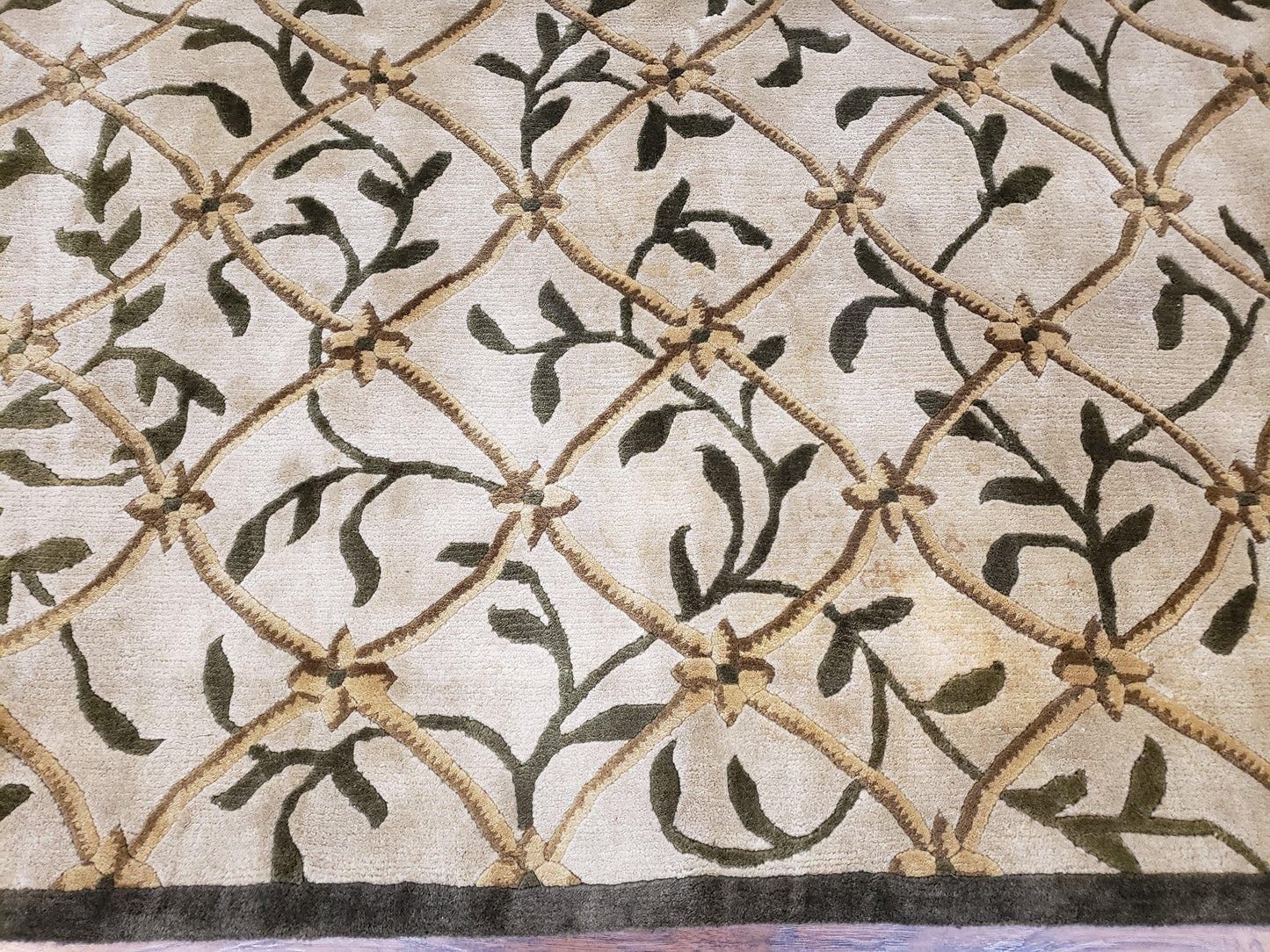 Vintage Tibetan Area Rug 9x12 Hand Knotted Wool Nepali Beige Soft Pile For Living Room