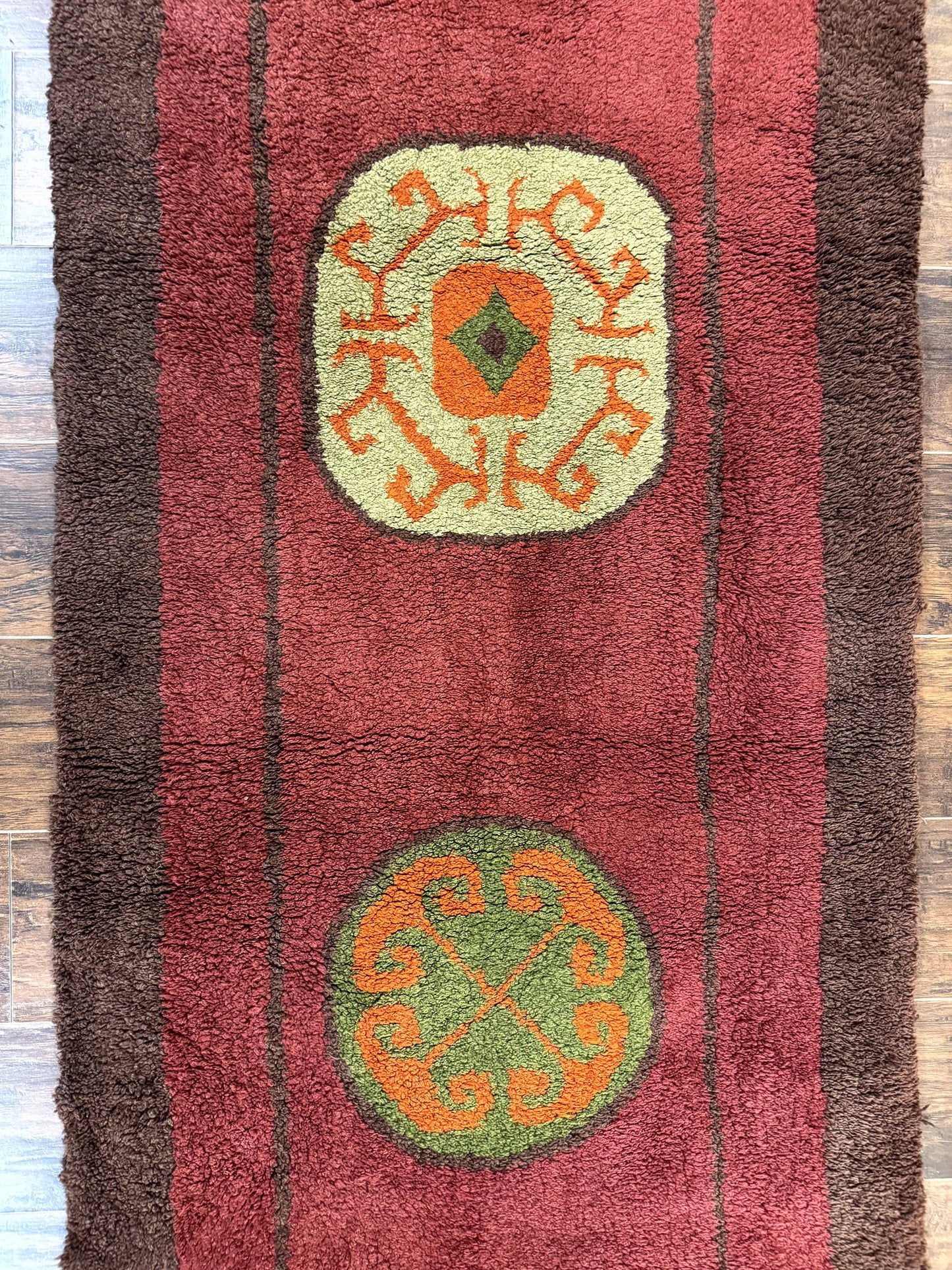 German Hooked Runner Rug 3x8 Vintage Wool Handmade Red Authentic Antique Style