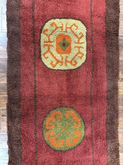 German Hooked Runner Rug 3x8 Vintage Wool Handmade Red Authentic Antique Style