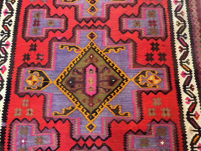Persian Kurdish Zarand Kilim Rug 5x9 Runner With Red Field And Geometric Medallions