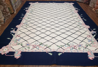 Vintage Wool Dhurrie Rug Handwoven Indian Kilim Flatweave Black White