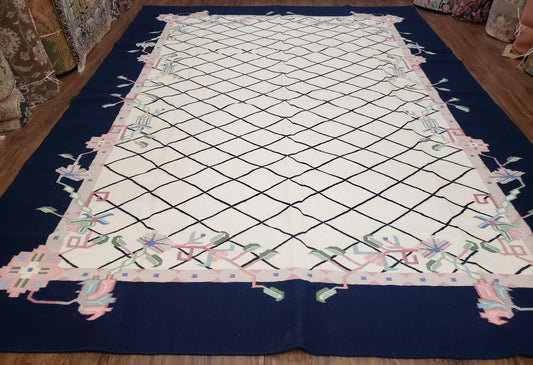 Vintage Wool Dhurrie Rug Handwoven Indian Kilim Flatweave Black White