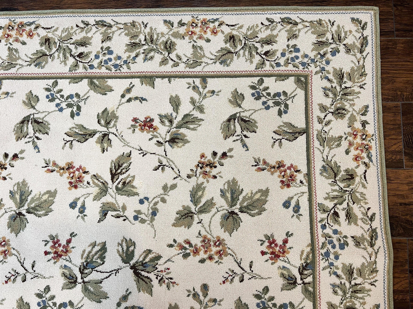 Stark Rug Vintage 7x10 Ivory And Green European Aubusson Design Wool Floral Carpet