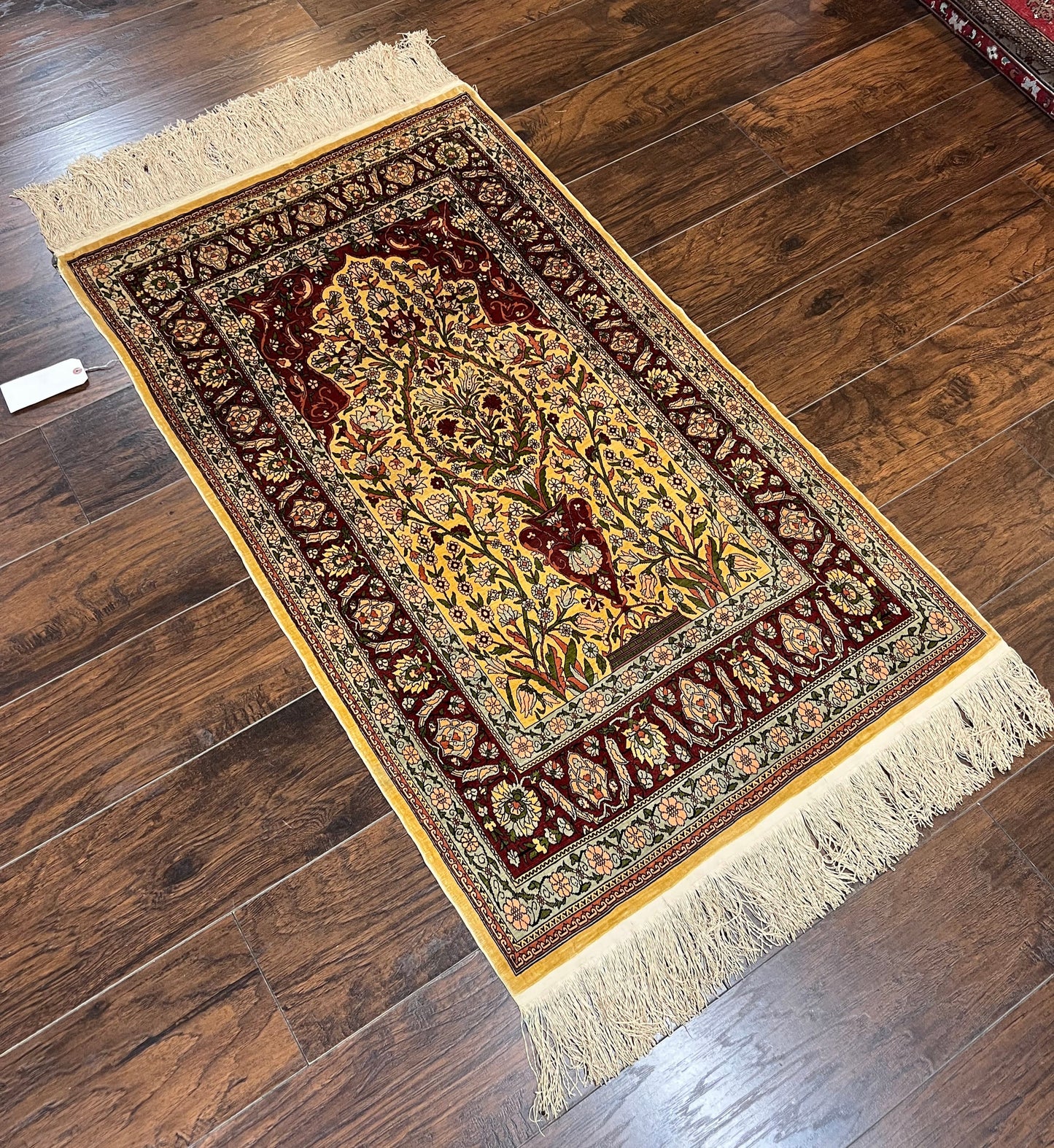 Hereke Silk Prayer Rug Tree of Life Handmade in Gold Burgundy