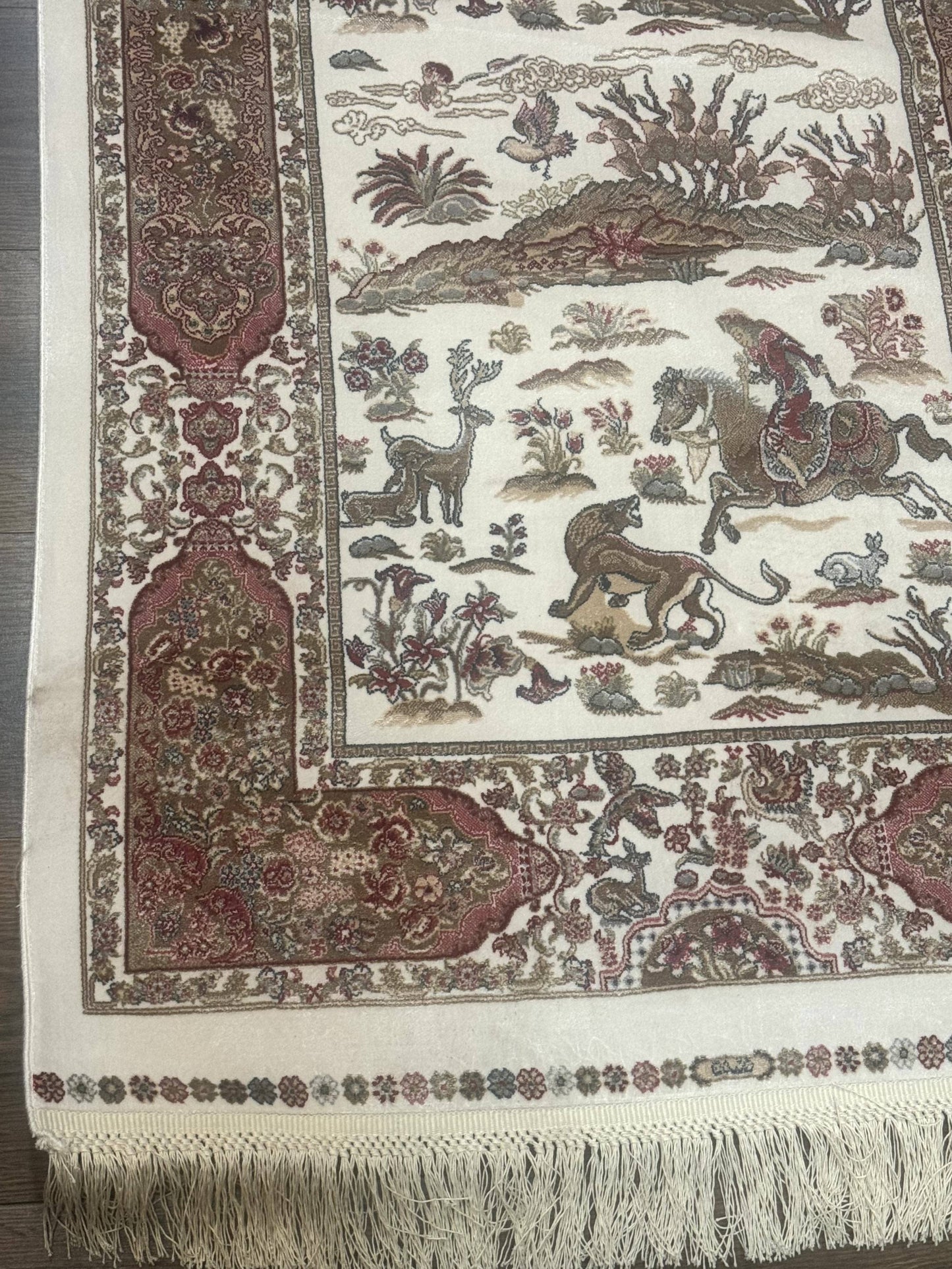 Turkish Silk Runner Rug 2.6x16.5 Ft Ivory Hunting Design Bamboo Silk New