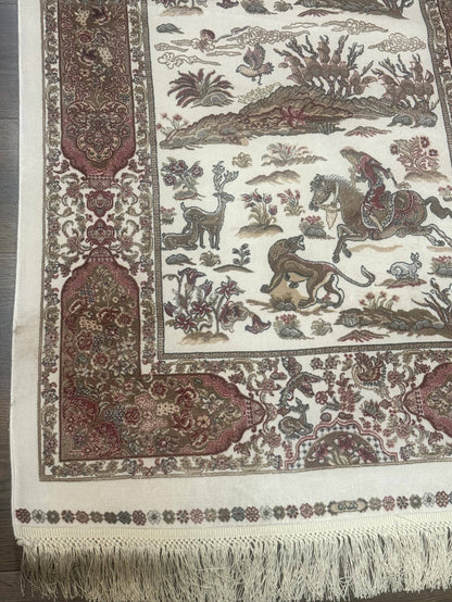 Turkish Silk Runner Rug 2.6x16.5 Ft Ivory Hunting Design Bamboo Silk New