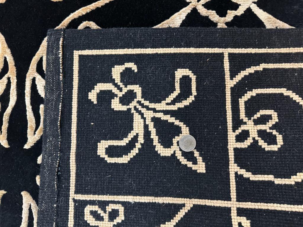 Tibetan Rug 8x10 Wool Silk Handmade With Raised Pattern Black And Gold Floral