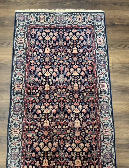 Indo Persian Runner Rug 2.8x12 Navy Floral Hand Knotted Wool Fine 270 KPSI
