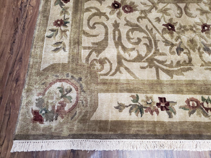 Vintage Nepali Tibetan Aubusson Wool Rug Hand Knotted 6x9 Cream Beige Leaves Floral Pattern