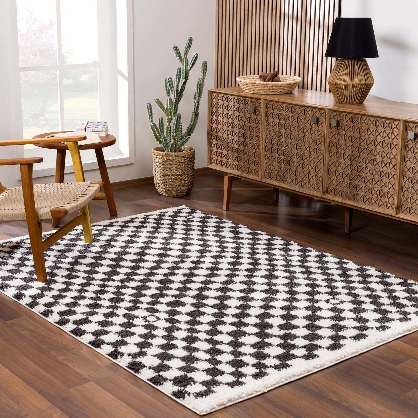 Checkered Shag Area Rug - Black and White Cozy Home Decor
