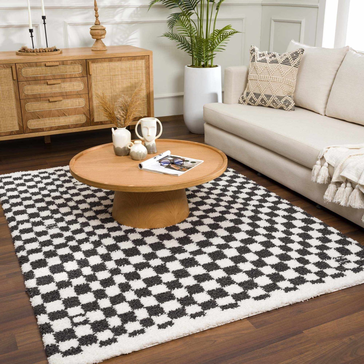 Checkered Shag Area Rug - Black and White Cozy Home Decor