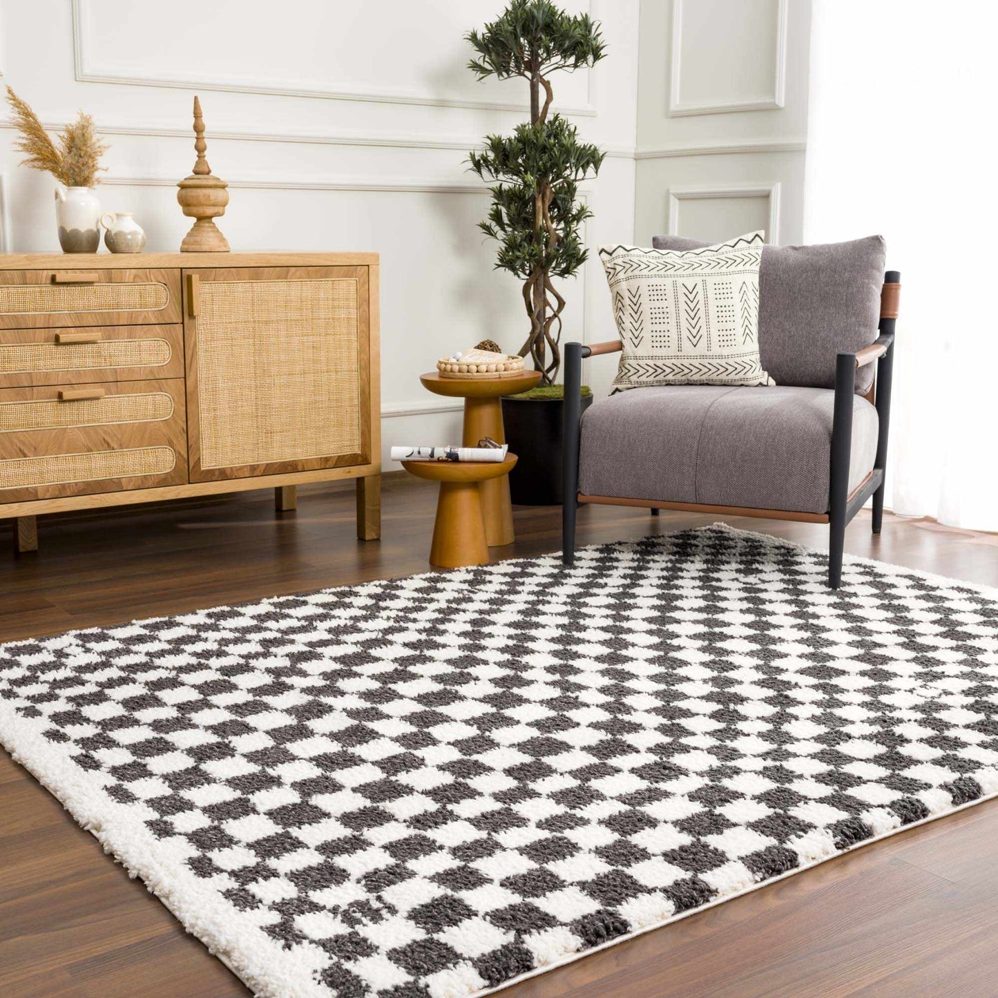 Checkered Shag Area Rug - Black and White Cozy Home Decor